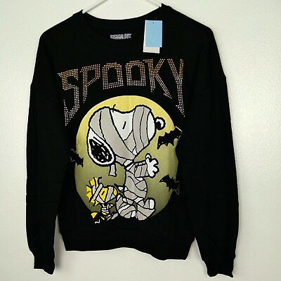 #ad Peanuts Sweatshirt Small Black Spooky Pullover Mummy Snoopy Halloween $19.99