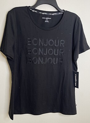 #ad KARL LAGERFELD PARIS Women#x27;s Embellished Bonjour T Shirt. Sz L $35.00