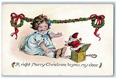 #ad c1910#x27;s Christmas Little Girl Santa Claus In The Box Holly Garland Postcard $14.98