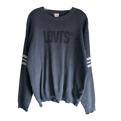 #ad Levi#x27;s Mens Knit Sweater XL Gray 100% Cotton Crew Neck Big Logo Striped Pullover $10.79