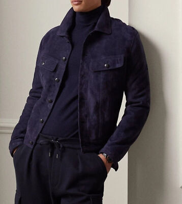 #ad Navy Blue Men Jacket Handmade Genuine Stylish Suede Leather Party Designer $157.50