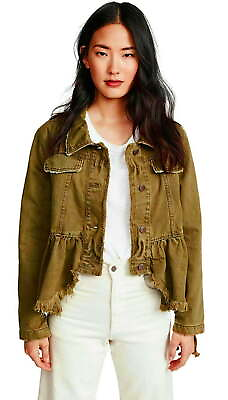 #ad Free People Denim Jacket Small 4 6 Green Frayed Lace Up Back Sleeves Pocket NWT $92.65