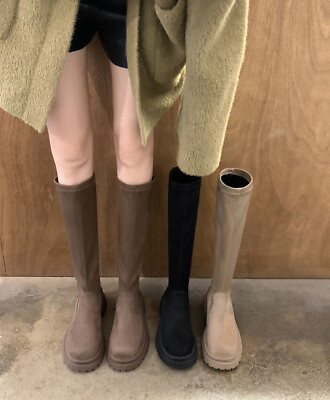 #ad Womens Round Toe Chunky Heels Pull on Stretchy Knee High Boots Knight Shoes Size $63.48
