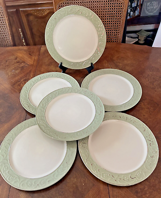 #ad Pier 1 ANTIQUE FLORAL 11quot; Dinner Plates 6 Embossed Floral Scrolls Green Rim $75.00