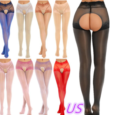 #ad US Women Glossy Semi Sheer Pantyhose Crotchless Footed Stockings Tights Hosiery $2.81