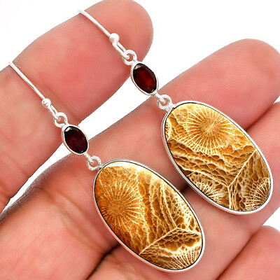 #ad Flower Fossil Coral amp; Garnet 925 Sterling Silver Earrings Jewelry E 1002 $9.99