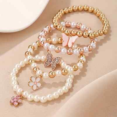 #ad 4Pc Butterfly Daisy Heart Pendant Faux Pearl Beaded Bracelet Girl Exquisite New $15.98