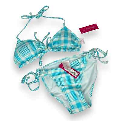#ad NWT xhilaration blue and white plaid string tie bikini swimsuit set medium new $15.19