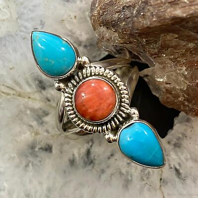 #ad Native American Sterling Round Spiny Oyster Teardrop Kingman Turquoise Size 8.5 $105.00