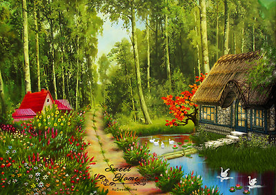 #ad Green Forest Cottage Landscape Full Wall Mural Print Wallpaper Home Art Decal Au AU $32.50