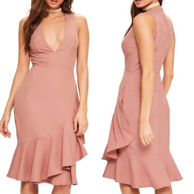 #ad Missguided Size 12 Rose Pink Plunge Ruffle Body Con Dress V Neck Sleeveless $24.49