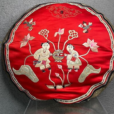 #ad Asian Pillow Red Silk Embroidery Round 52 Inches Feather Insert Exquisite Design $33.87