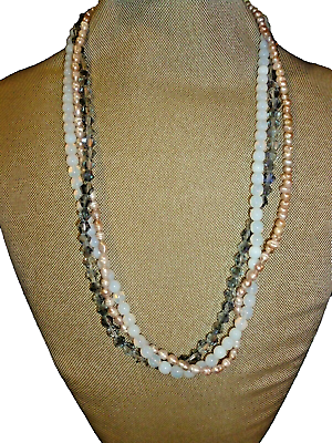 #ad Vintage 3 Strand Freshwater Pearls Aurora Borealis Faux Moonstone Bead Necklace $21.36