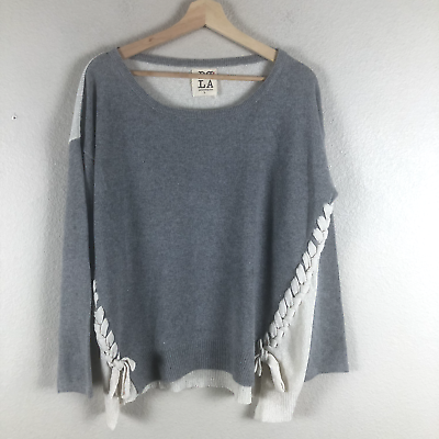 #ad PPLA Clothing Sweater Womens Large Grey Cream Colorblock Lace Up Detail Pullover $18.73