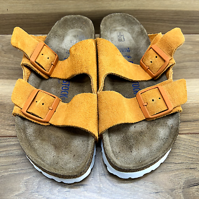 #ad Birkenstock Sandals 7 N EU 38 Arizona Soft Footbed Orange Suede Comfort Slide $39.88