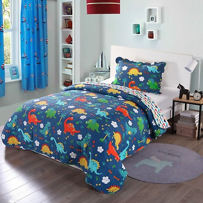#ad 100% Cotton Kids Quilt Bedspread Comforter Set Throw Blanket for Boys Dinosaur $59.98