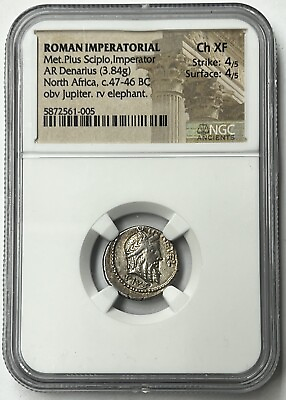 #ad Very Rare Metellus Pius Scipio 47 46 BC Silver Denarius NGC CHXF Elephant $2588.69