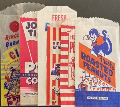 #ad 1960s Lot of 6 Different Circus Popcorn amp; Peanut Bags Clowns Monkey Elephants $14.00
