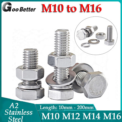 #ad M10 M12 M14 M16 Hexagon Bolts Nuts Washers Hex Set Screws A2 304 Stainless Steel $5.86