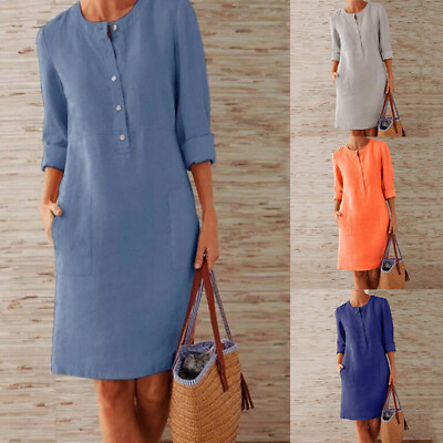 #ad Shirt Dress Linen Baggy Womens Plus Size Midi dress Sleeve Cotton Summer $8.48