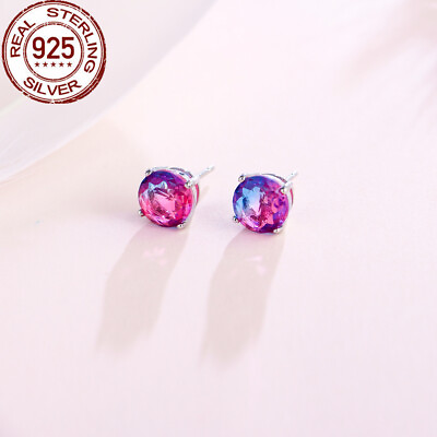 #ad 8mm CZ Stud Earrings 925 Silver Tuomaline Multicolor Gem Solitaire Prong Jewelry $6.99