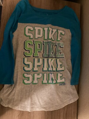 #ad Justice Sparkly Volleyball Spike Graphic Long Sleeve Top T Shirt 12 Gray Blue $9.99