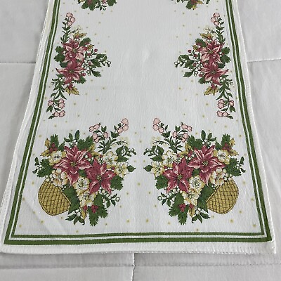 #ad Vtg Cotton Christmas Tablecloth Table Runner Poinsettia Basket Holly 40x14 $19.97