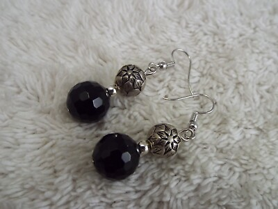 #ad Silvertone Flower Bead Black Glass Pierced Earrings F45 $4.19