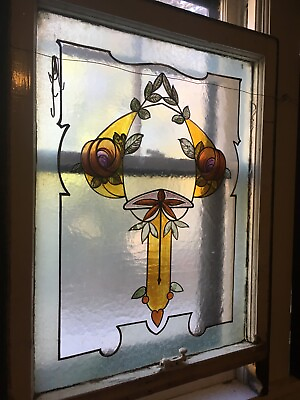 #ad Antique English Art Nouveau Hand Painted Stained Glass Privacy Window Transom $475.00