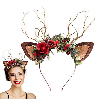 #ad Women Girls Christmas Reindeer Deer Antler Costume Ear Party Hair Headband Prop $12.59