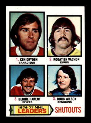 #ad 1977 Topps #8 Ken Dryden Rogie Vachon Bernie Parent Dunc Wilson League Leader NM $4.25