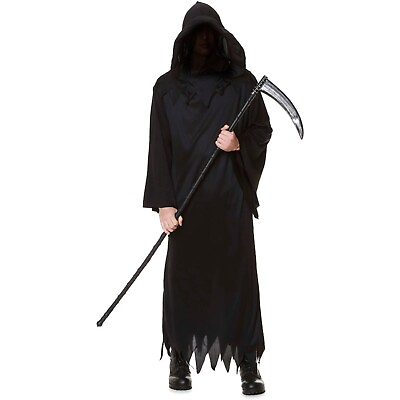 #ad Adult Grim Reaper Death Black Hooded Cloak Robe Mens Halloween Costume S M L XL $18.14
