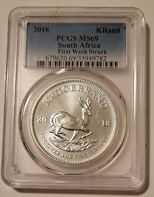 #ad South Africa 2018 1 oz Silver Krugerrand MS69 PCGS First Week Struck $64.00