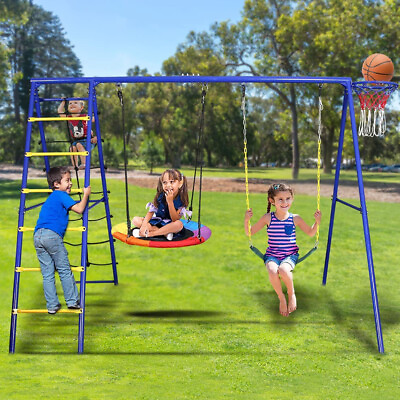 #ad 440LBS 5 in 1 Outdoor Metal Swing Playset Kids Swing Set for Backyard 3 8 Years $198.79