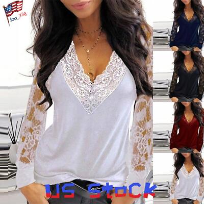 #ad Womens Lace V neck Long Sleeve Tops Blouse Ladies Casual Pullover Tunic T Shirt $18.33