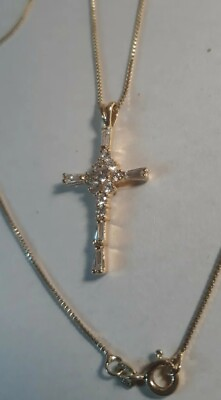 #ad Classic Yellow 14k Over 925 Necklace Cross CZ Pendant 18quot; Box Link $54.00