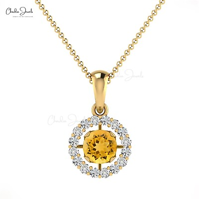 #ad Round Citrine Tiny Diamond Halo Pendant Necklace 14k Gold November Birthstone $248.54