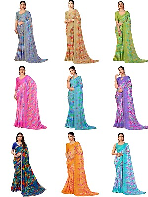 #ad Printed Chiffon Saree with Unstitched Blouse Piece KN0021 $22.61