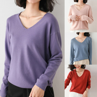 #ad Women#x27;s V neck Cashmere Sweater Solid Knitted Pullover Jumper Winter Wool Casual $16.82