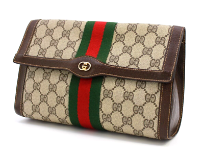 #ad Gucci Vintage Bag Sherry Clutch Handbag Purse GG Supreme Brown Medium Authentic $278.00