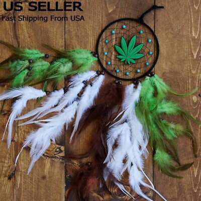 #ad Dream Catcher With Feathers Large Wall Hanging Marijuana Theme 420 Hippie Decor $7.49