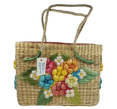 #ad Handmade woven straw Silky Flowers Basket Purse Spring Summer Tote Beach Bag NWT $28.00