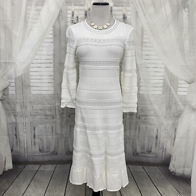 #ad Eliza J Medium White Pointelle Ruffle Hem Sweater Dress Sleeve Fit amp; Flare B7 $70.00