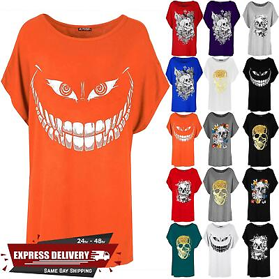 #ad Womens Ladies Skull Teeth Print Scary Batwing Halloween Loose Baggy T Shirt Top GBP 5.59