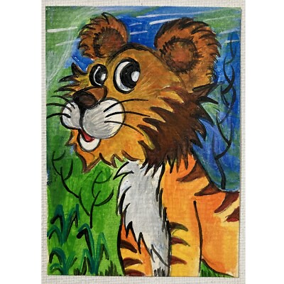#ad ACEO ORIGINAL PAINTING Mini Collectible Art Card Animal Cute Cartoon Tiger Ooak $9.99