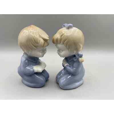 #ad Vintage Figurine Set Porcelain Kneeling Praying Boy Girl Children Blue $10.00