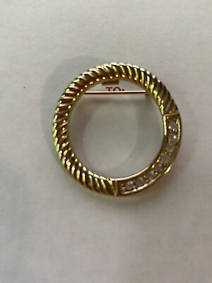 #ad Vintage Gold Tone Rhinestone Rope Circle Brooch Pin $12.27