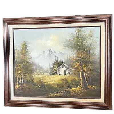 #ad Original framed Large oil painting forest cottage mountains 21 X 25 $59.99