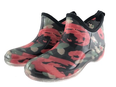 #ad NEW Black floral rubber ankle boots rain gardening half boots pink green flowers $24.99