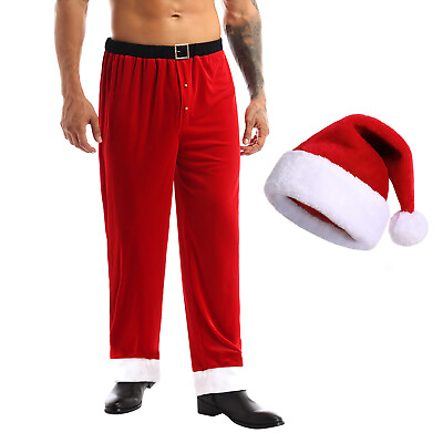 #ad Men Xmas Outfit Velvet Christmas Costume Trousers Santa Suit Red With Hat Soft $23.91